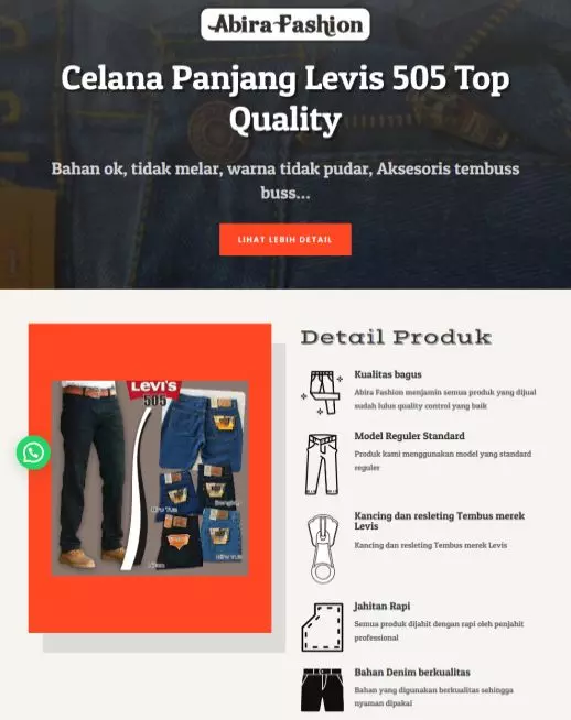 halaman website landing page produk jeans